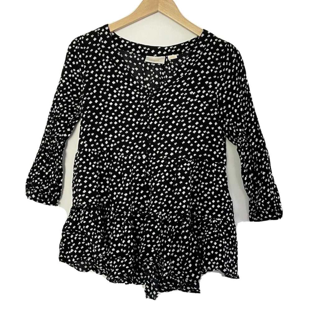 Anthropologie Maeve Peplum Blouse Women's Small Tiered Top Black Classic B23)
